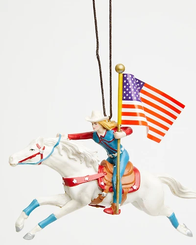 Kurt Adler Cowgirl Riding White Horse Patriotic Ornament