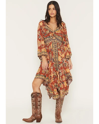 Angie Women's Floral Knot Front Long Sleeve Midi Dress