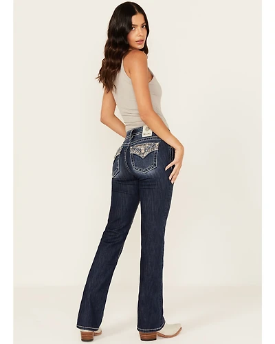 Miss Me Women's Dark Wash Mid Rise Faux Flap Pocket 32" Bootcut Stretch Denim Jeans