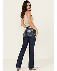 Miss Me Women's Dark Wash Mid Rise Faux Flap Pocket 32" Bootcut Stretch Denim Jeans