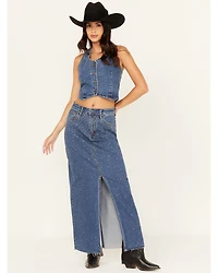 Rock & Roll Denim Women's Medium Wash Rhinestone Studded Maxi Skirt