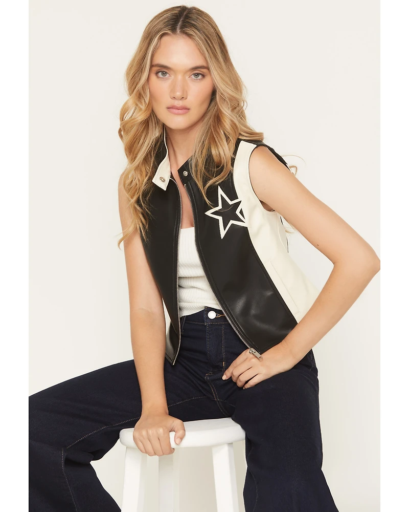 Stoosh Women's Star Faux Leather Zip-Up Vest