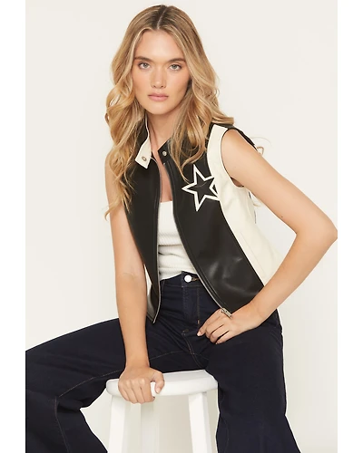 Stoosh Women's Star Faux Leather Zip-Up Vest