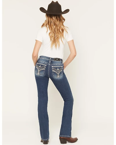 Miss Me Women's Dark Wash Mid Rise Embroidered Pocket 34" Bootcut Stretch Denim Jeans