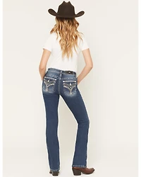 Miss Me Women's Dark Wash Mid Rise Embroidered Pocket 34" Bootcut Stretch Denim Jeans