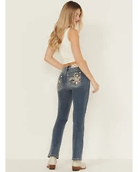 Miss Me Women's Medium Wash Mid Rise Floral Fleur de Lis Pocket 32" Bootcut Stretch Denim Jeans