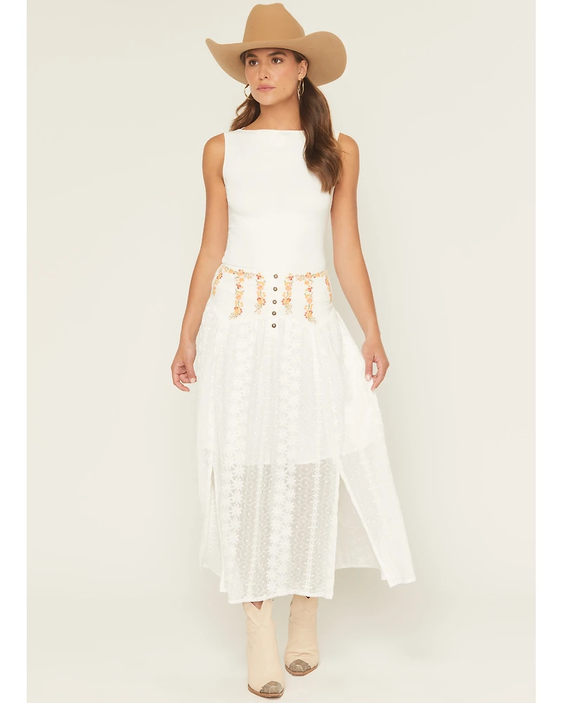 Miss Me Women's Lace Floral Embroidered Button-Front Midi Skirt