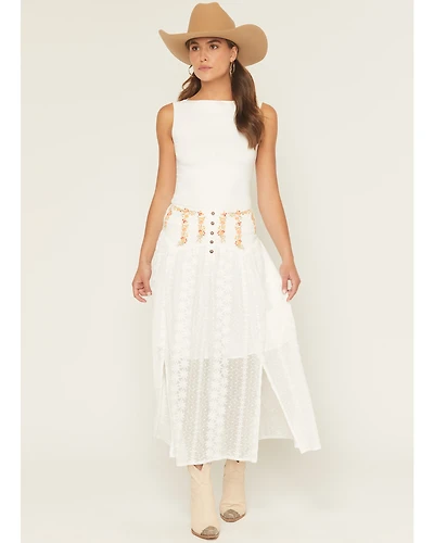 Miss Me Women's Lace Floral Embroidered Button-Front Midi Skirt