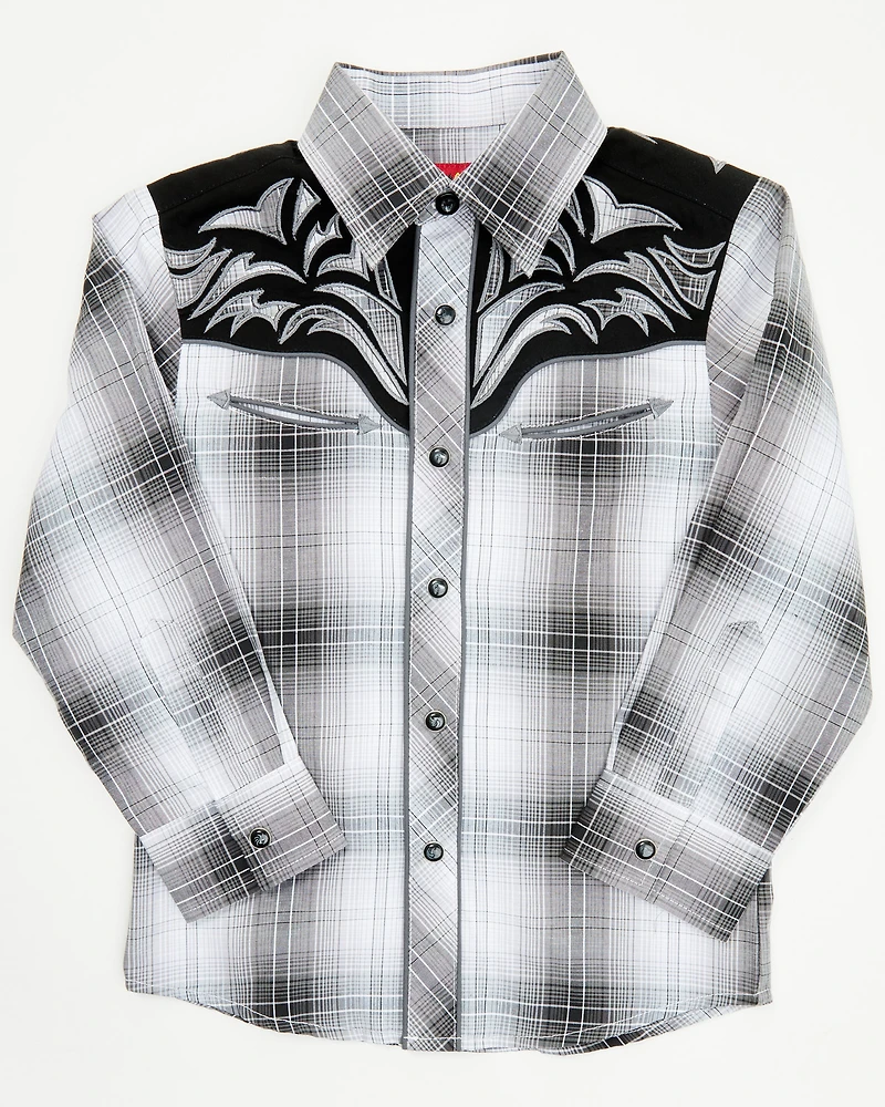 Rodeo Clothing Boys' Plaid Print Embroidered Long Sleeve Snap Western Shirt