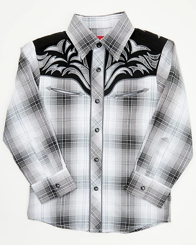 Rodeo Clothing Boys' Plaid Print Embroidered Long Sleeve Snap Western Shirt