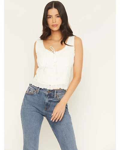 Miss Me Women's Eyelet Sleeveless Tie Front Top
