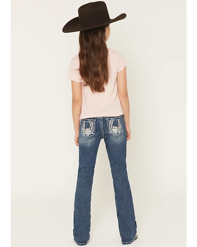 Grace LA Girls' Dark Wash Floral Horseshoe Pocket Bootcut Stretch Denim Jeans