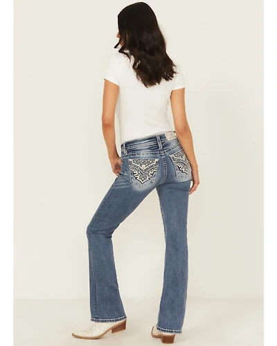 Miss Me Women's Dark Wash Mid Rise Patchwork Flap 32" Bootcut Stretch Denim Jeans