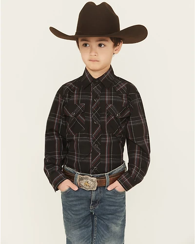 Roper Boys' Plaid Print Long Sleeve Snap Stretch Western Shirt
