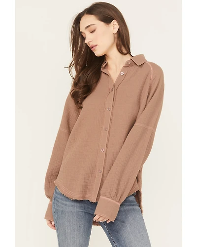 Cleo + Wolf Women's Oversized Long Sleeve Button-Down Gauze Western Shirt