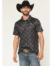 Rock & Roll Denim Men's Longhorn Print Short Sleeve Button-Down Stretch Polo
