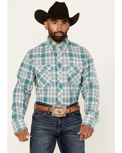 Wrangler Men's Plaid Print Logo Long Sleeve Button-Down Western Shirt