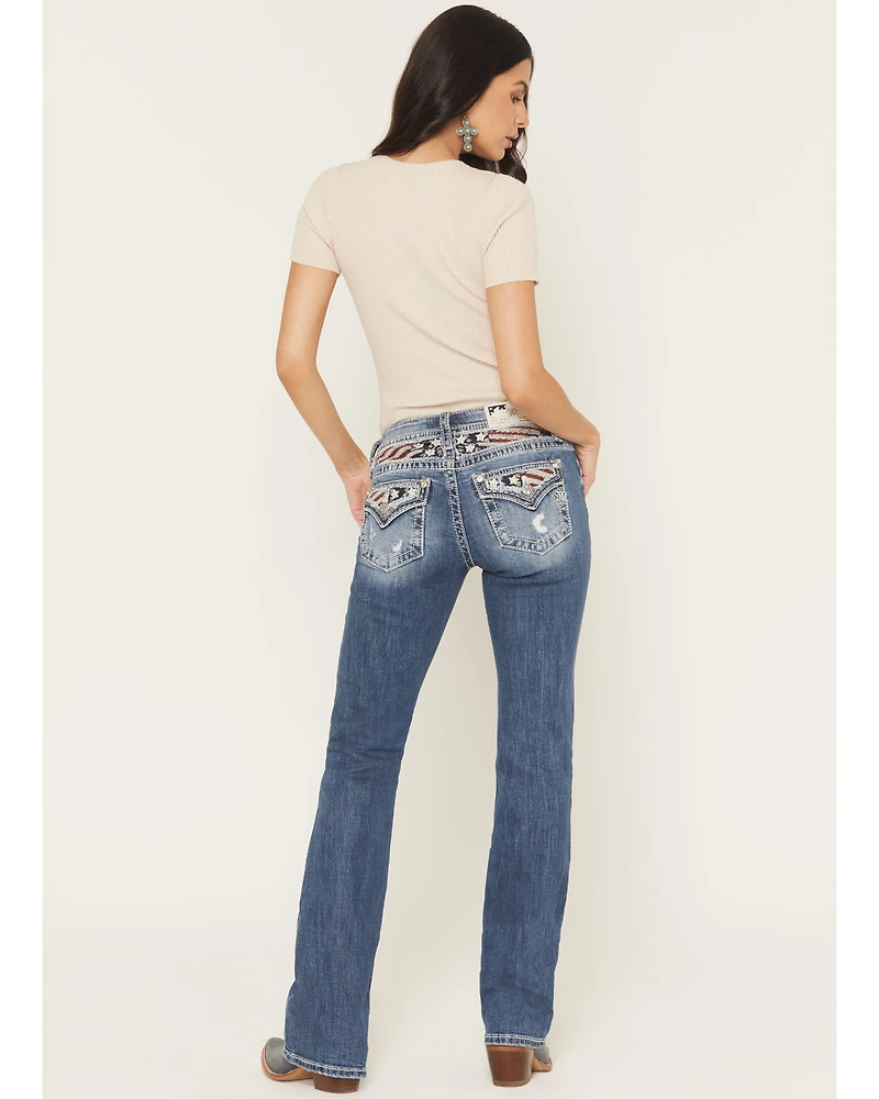 Miss Me Women's Medium Wash Mid Rise Americana Pocket 34" Bootcut Stretch Denim Jeans