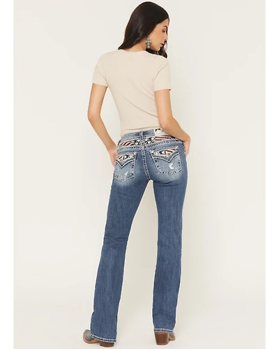 Miss Me Women's Medium Wash Mid Rise Americana Pocket 34" Bootcut Stretch Denim Jeans