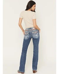 Miss Me Women's Medium Wash Mid Rise Americana Pocket 34" Bootcut Stretch Denim Jeans