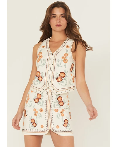 Rock & Roll Denim Women's Floral Print Studded Vest