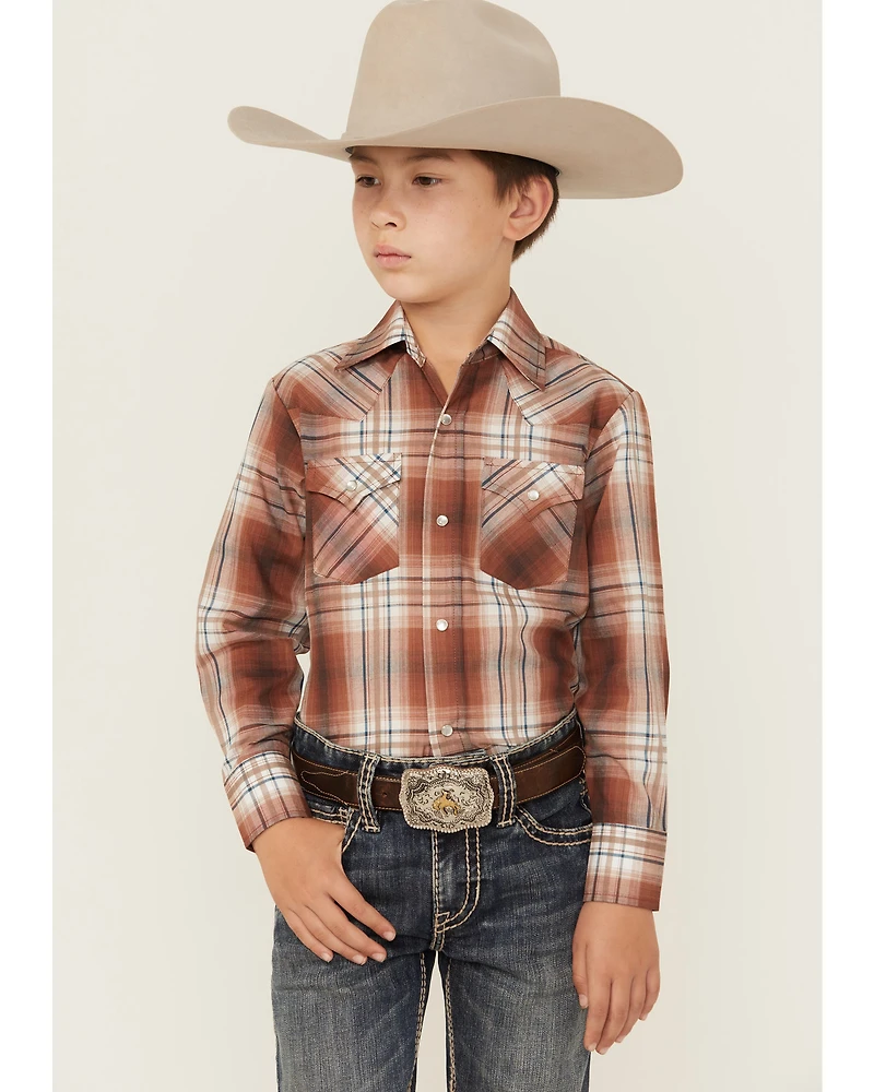 Ely Walker Boys' Plaid Print Long Sleeve Pearl Snap Western Shirt