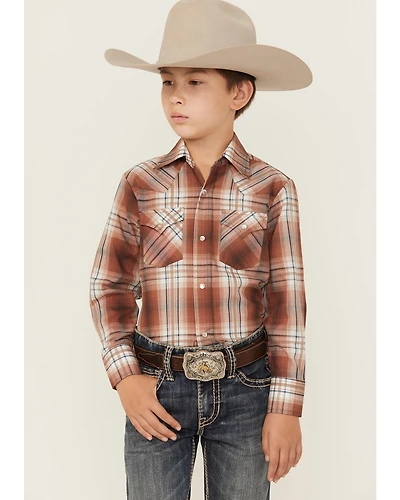 Ely Walker Boys' Plaid Print Long Sleeve Pearl Snap Western Shirt