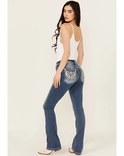 Miss Me Women's Medium Wash Mid Rise Wing Pocket 34" Bootcut Stretch Denim Jeans