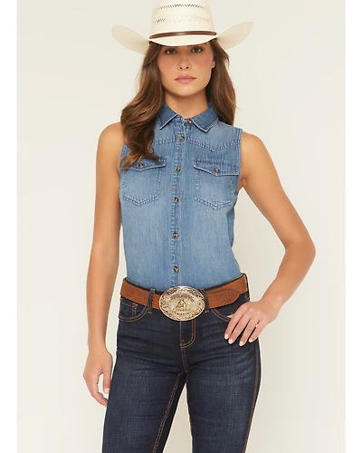 Shyanne Women's Medium Wash Sleeveless Button-Down Denim Shirt