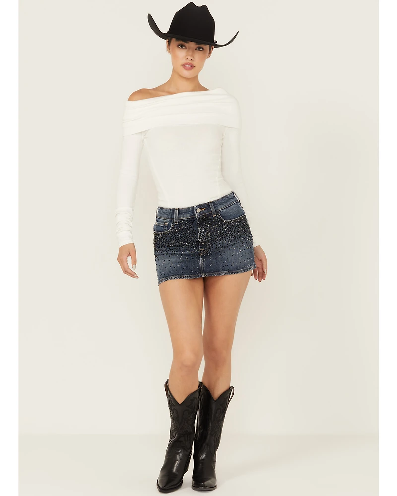 7 For All Mankind Women's Dark Wash Elena Embellished Micro Mini Skirt