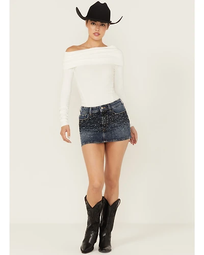 7 For All Mankind Women's Dark Wash Elena Embellished Micro Mini Skirt