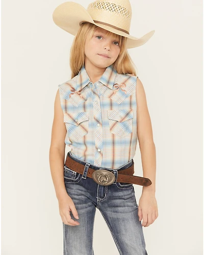 Ely Walker Girls' Plaid Print Sleeveless Snap Western Shirt