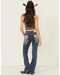 Grace LA Women's Medium Wash Diamond Embroidered Mid Rise Bootcut Stretch Denim Jeans