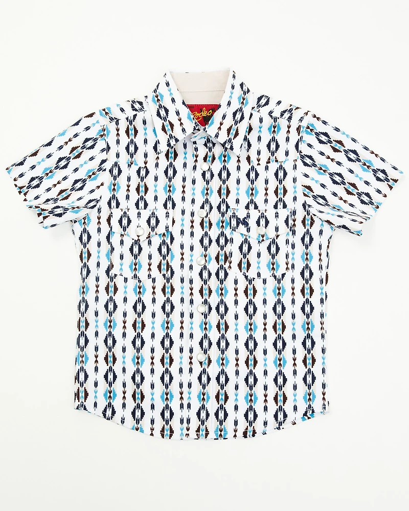 Rodeo Clothing Little Boys' Striped Southwestern Print Short Sleeve Snap Stretch Western Shirt