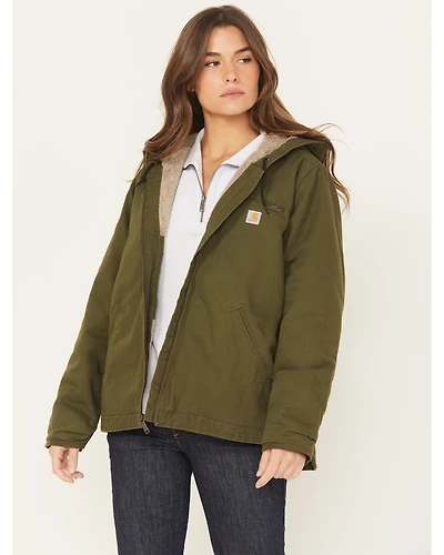 Carhartt Women's Heather Basil Washed Duck Sherpa-Lined Zip-Front Hooded Work Jacket