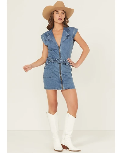 Rock & Roll Denim Women's Medium Wash Braided Short Sleeve Mini Dress
