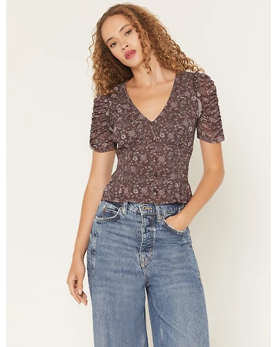 Trixxi Women's Floral Print Quarter Sleeve Mesh Top