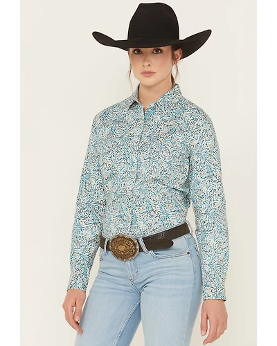 Rough Stock by Panhandle Women's Paisley Print Long Sleeve Pearl Snap Stretch Western Shirt