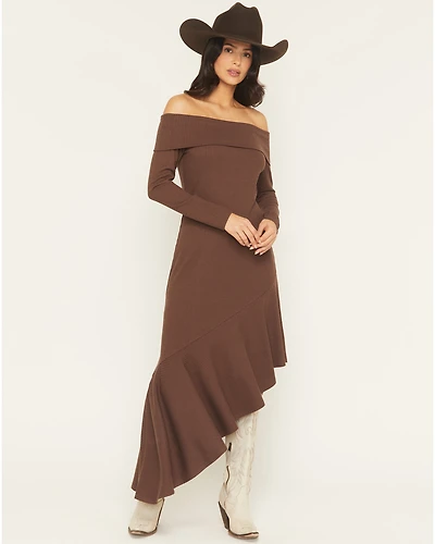 Shyanne Women's Rib Knit Off The Shoulder Long Sleeve Asymmetrical Dress