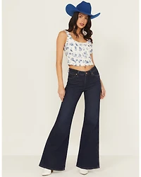 Wrangler Women's Dark Wash Mid Rise Weathered Rinse Heritage Flare Stretch Denim Jeans
