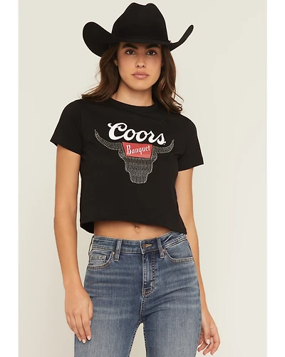 Coors Women's Logo Cattle Rhinestone Short Sleeve Cropped Graphic Tee