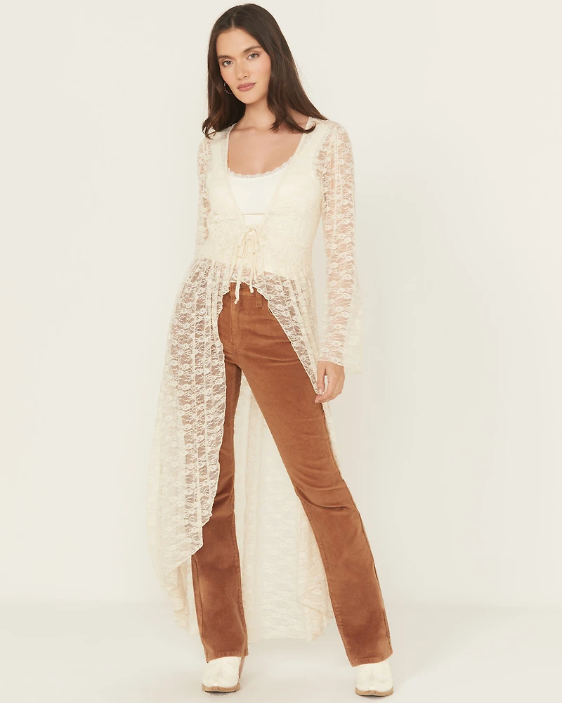 Originality Women's Lace Bell Sleeve Tie Kimono