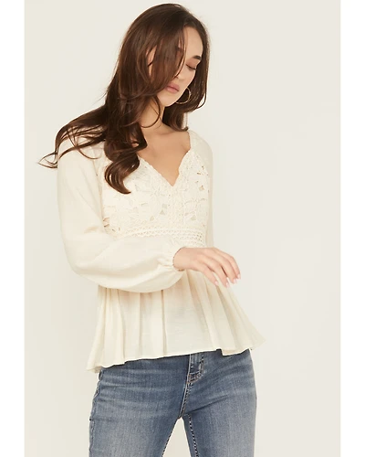 Shyanne Women's Crochet Lace Long Sleeve Crinkle Top