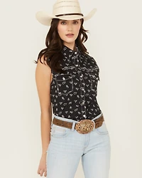 Cowgirl Hardware Women's Branded Print Sleeveless Rhinestone Snap Stretch Western Shirt