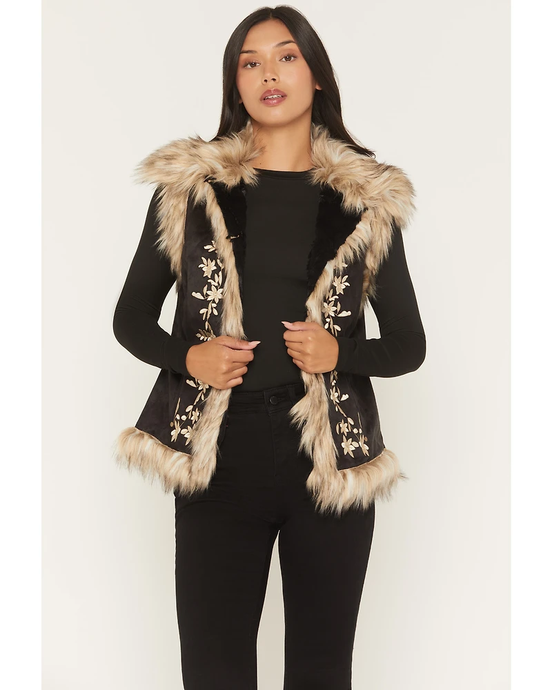 Tasha Polizzi Women's Chateau Faux Fur Trim Floral Embroidered Vest