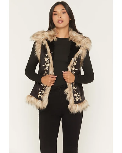 Tasha Polizzi Women's Chateau Faux Fur Trim Floral Embroidered Vest