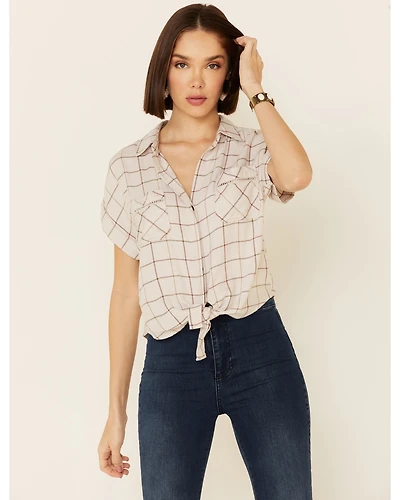 Shyanne Women's Windowpane Plaid Tie-Front Short Sleeve Western Shirt