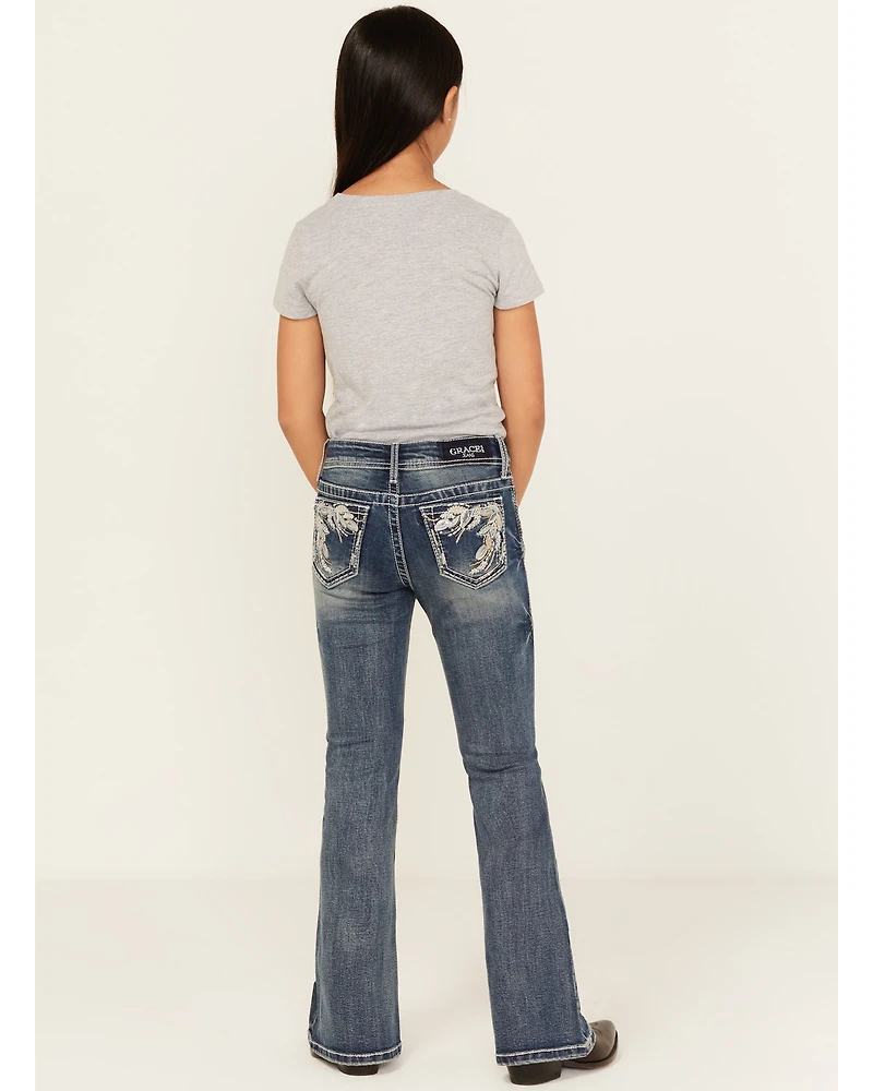 Grace LA Girls' Leaf Embroidered Flare Stretch Denim Jeans