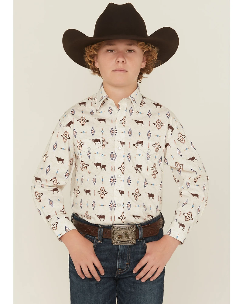 Panhandle Slim Boys' Novelty Steerhead Long Sleeve Snap Stretch Western Shirt