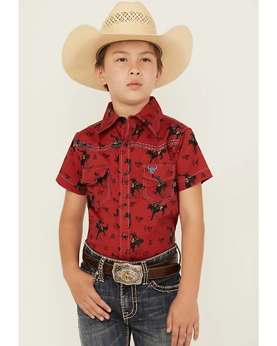 Cowboy Hardware Boys' Bronc Print Short Sleeve Snap Stretch Western Shirt